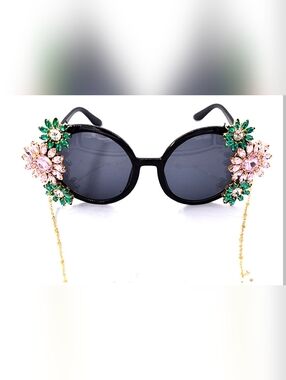 New! Embellished Black Sunglasses with Green & Pink Crystal Flowers